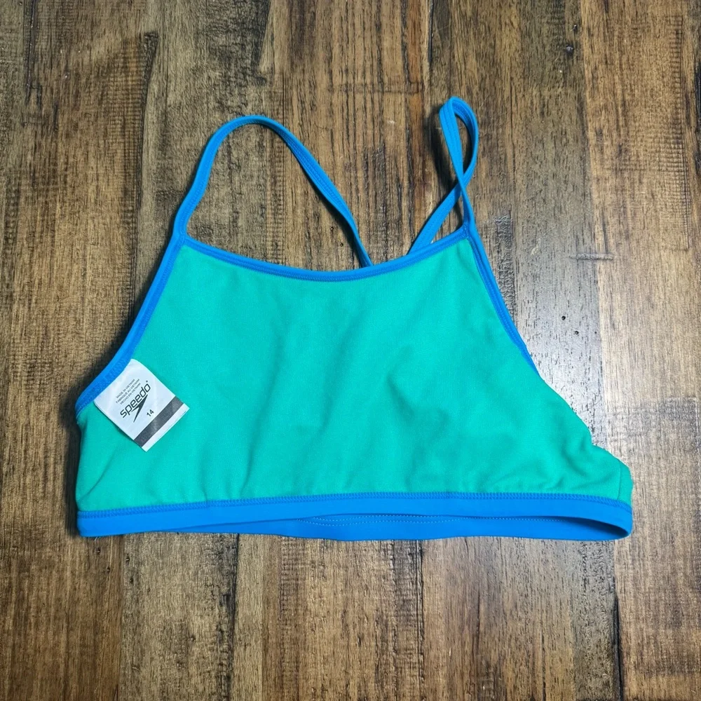 EUC Speedo Digi Zigzag Heather‎ Bikini Top Blue Gray Kids Size 14 Athletic Swim
